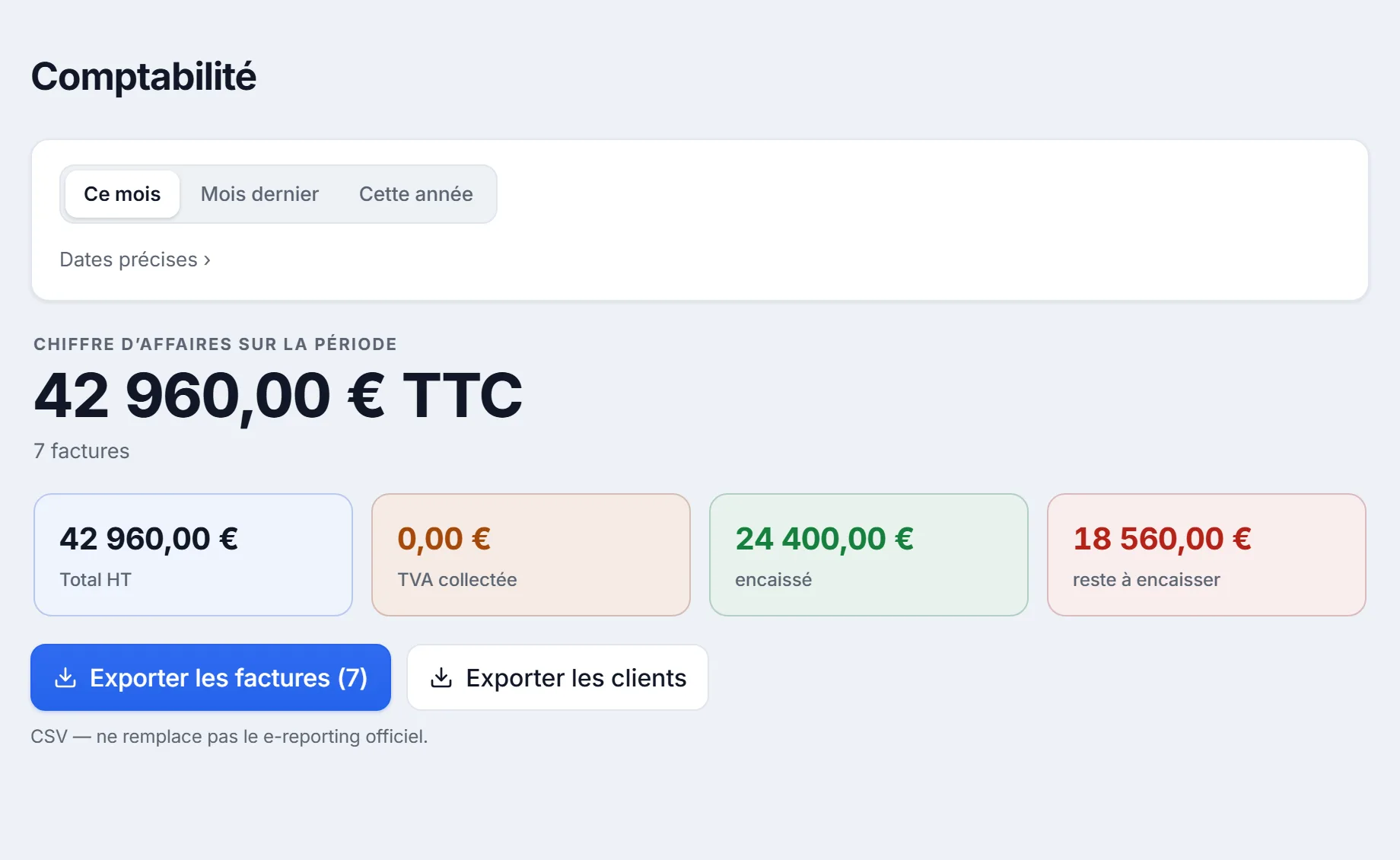 Votre comptable a tout — Exports CSV par période ou accès comptable en lecture seule.