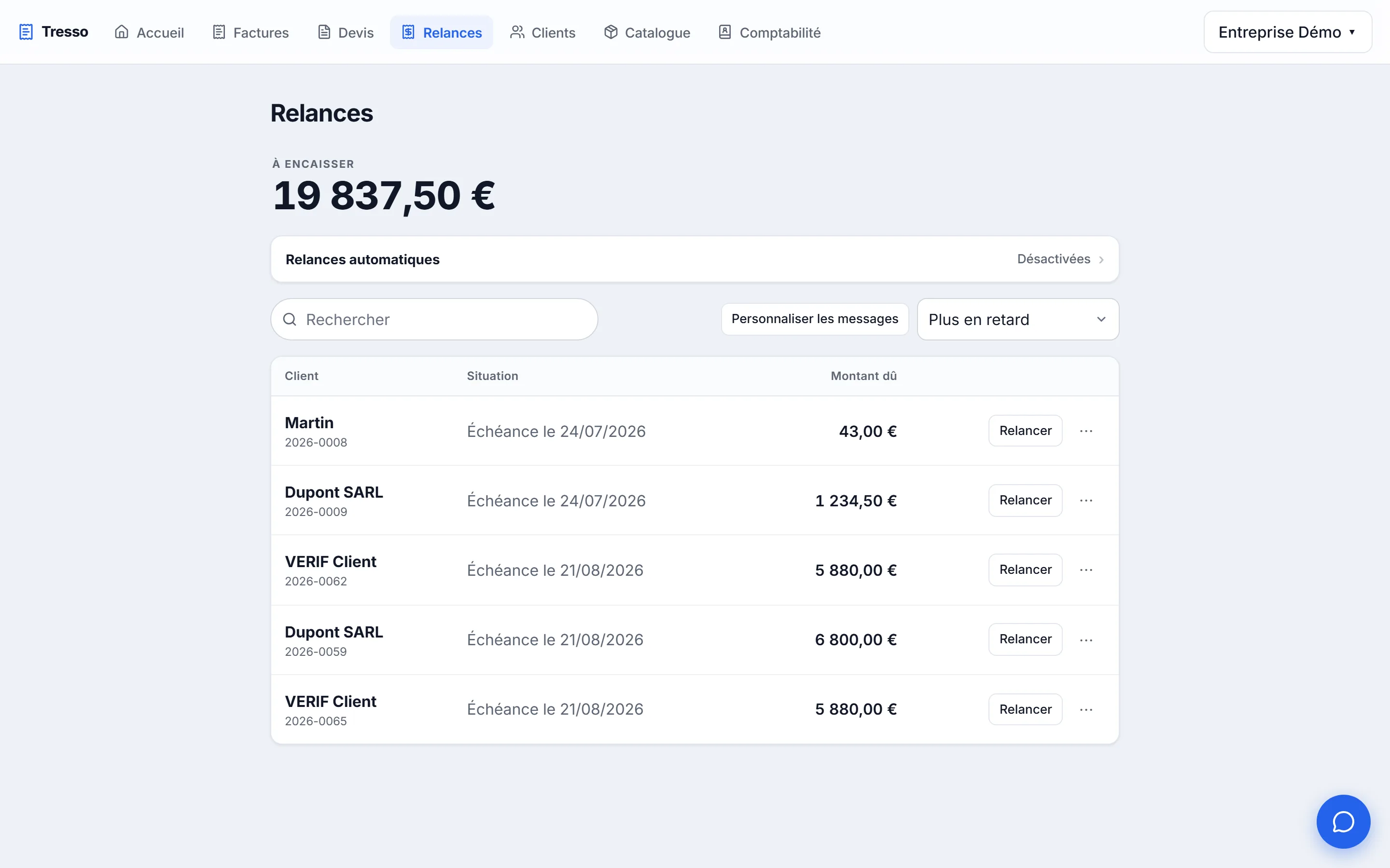 Sachez qui vous doit quoi — Reste dû réel et relances simples sur le solde.